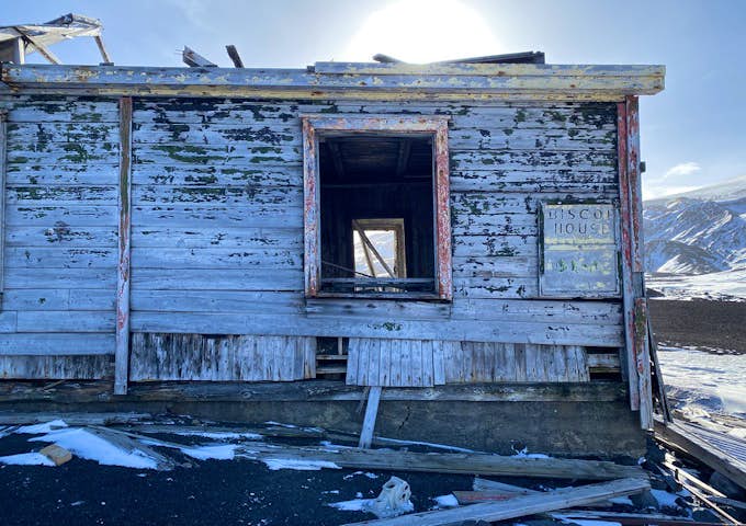 A decrepit wooden building in Antarctica
