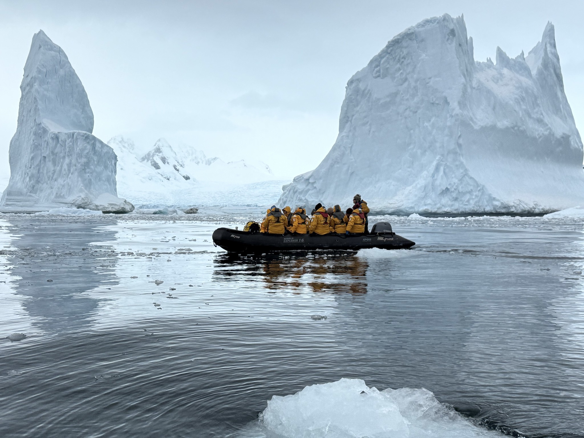 Zodiac cruising in Mikkelsen Harbor, Antarctica, with its impressive icy background