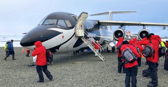 Boarding Antarctic Airways flight from King George Island in Antarctica to Punta Arenas