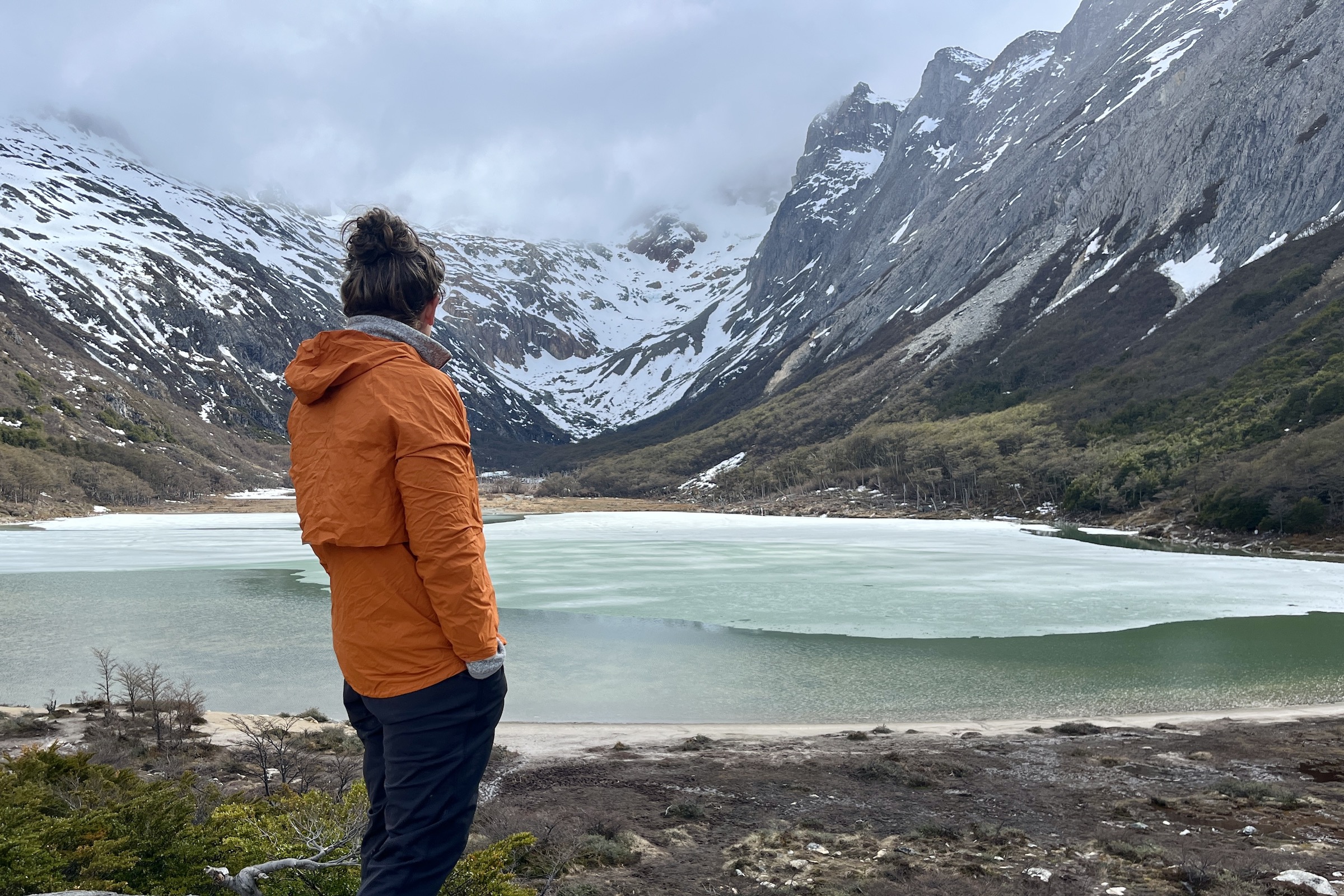 Hiker at Lake Esmeralda near Ushuaia in Tierra del Fuego