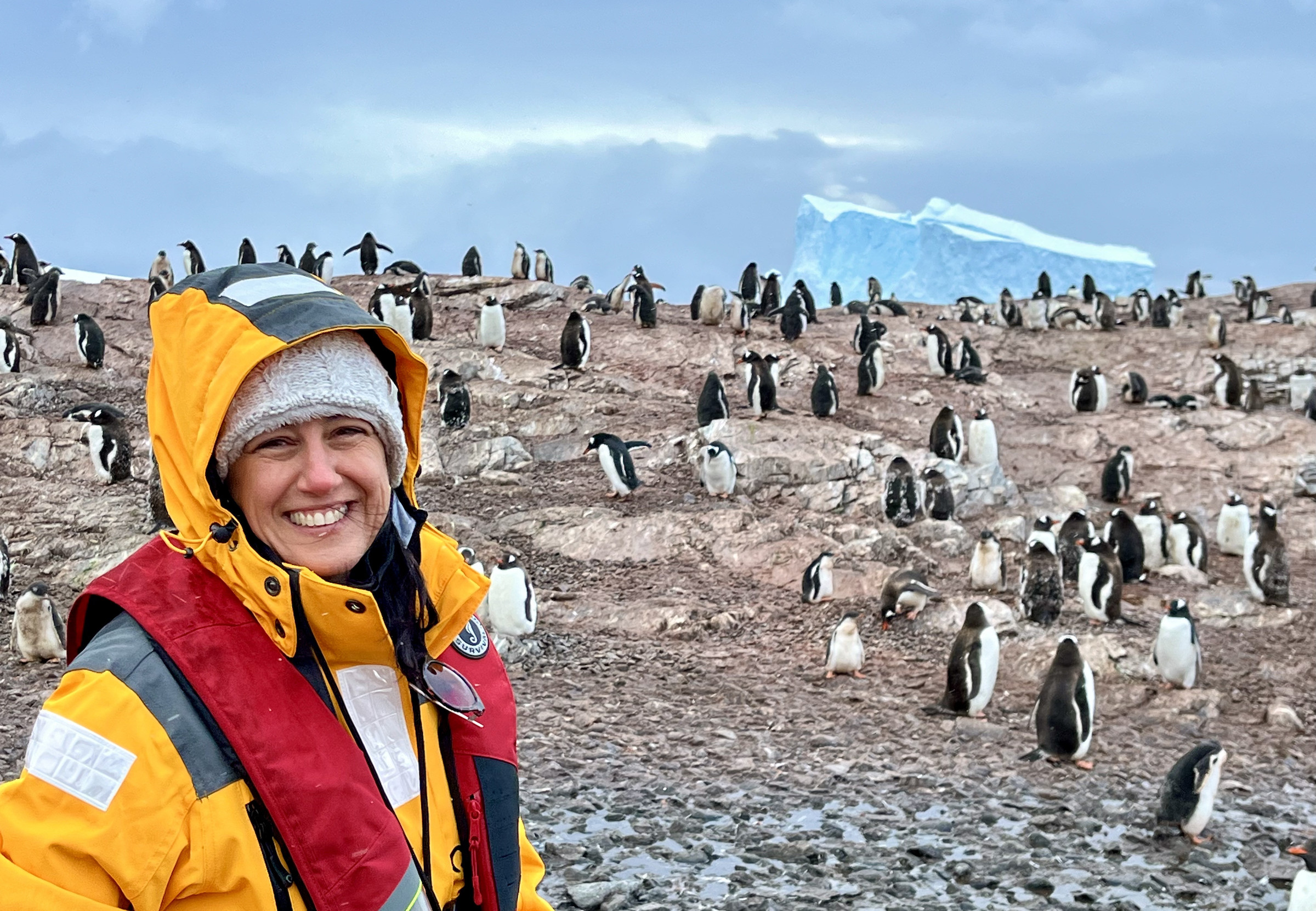 Tourist selfie in front of a gentoo penguin colony in Antarctica in March