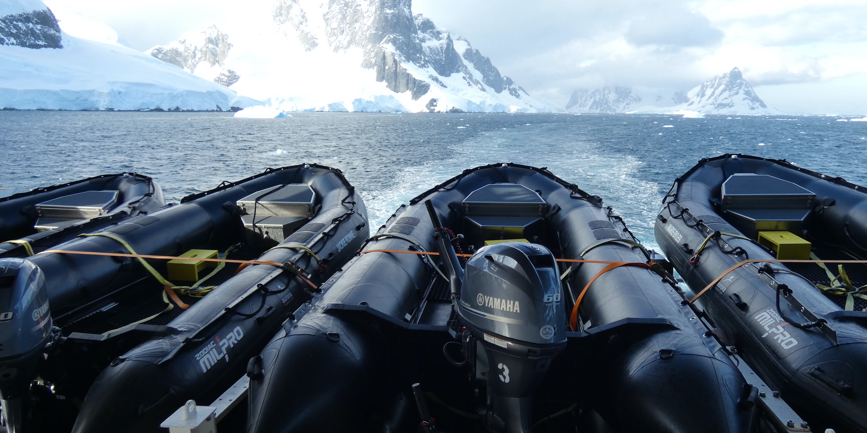 Zodiacs onboard an expedition cruise ship in Antarctica
