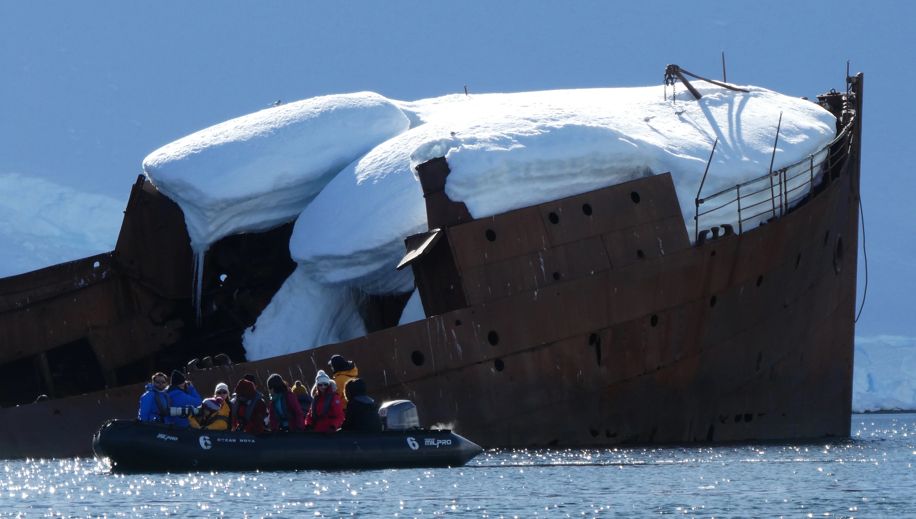 Zodiac cruising at the Governoren wreck in Foyn Harbour