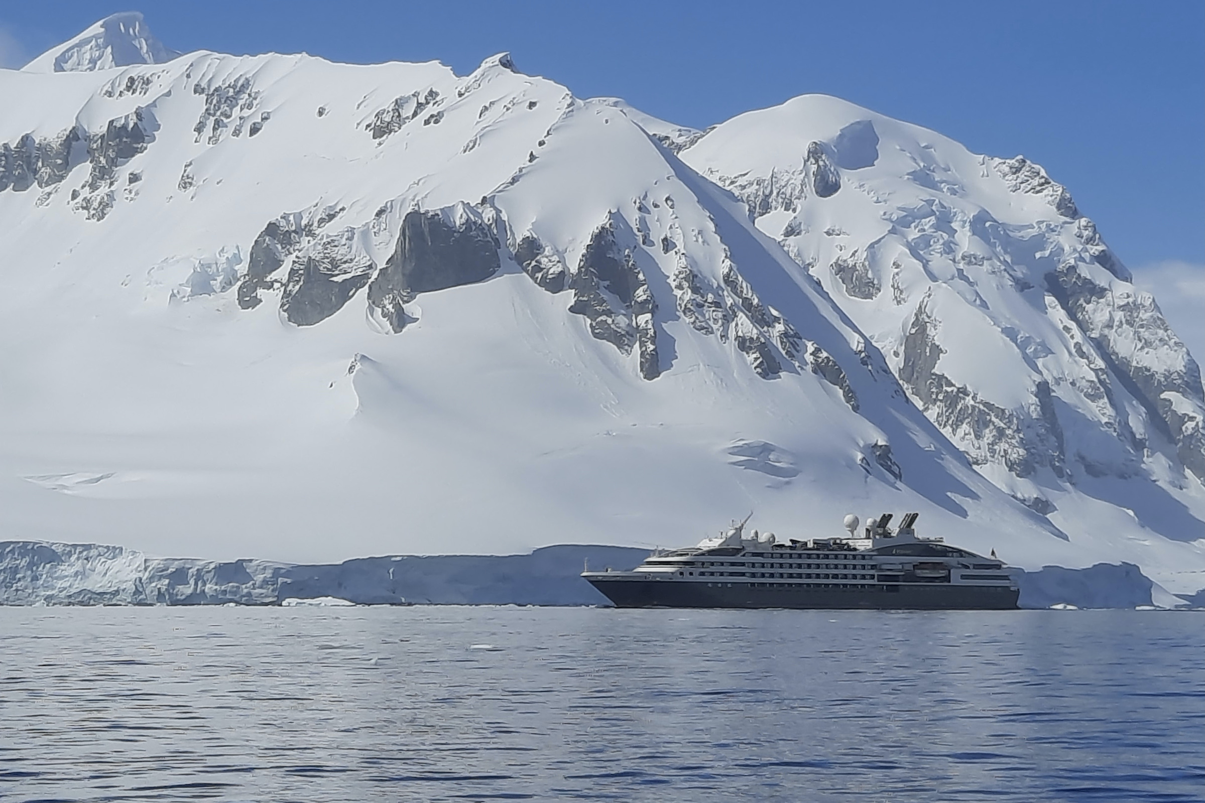 Le Commandant Charcot ship off Cuverville Island in the Antarctic Peninsula