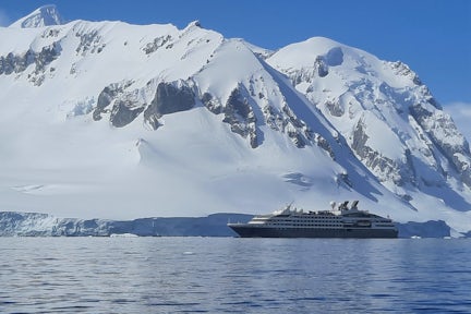 Le Commandant Charcot ship off Cuverville Island in the Antarctic Peninsula