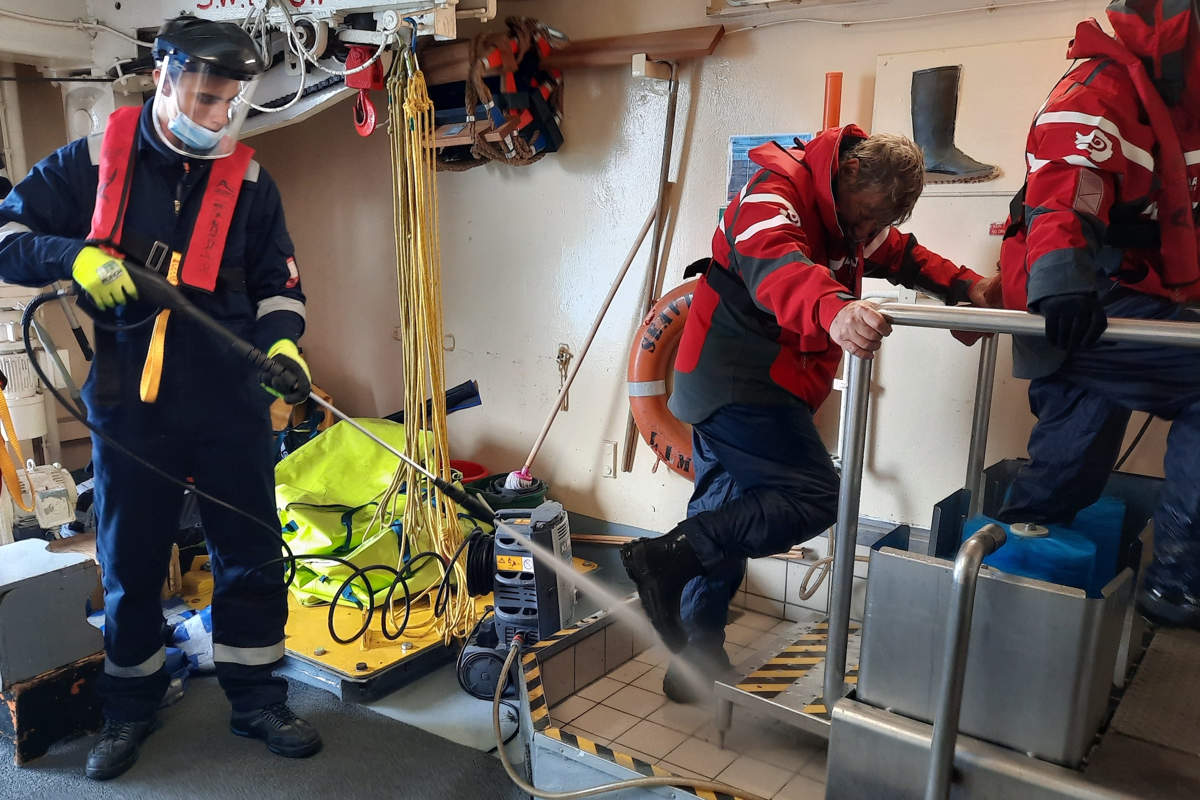 Undergoing biosecurity measures on a cruise ship after a landing on South Georgia
