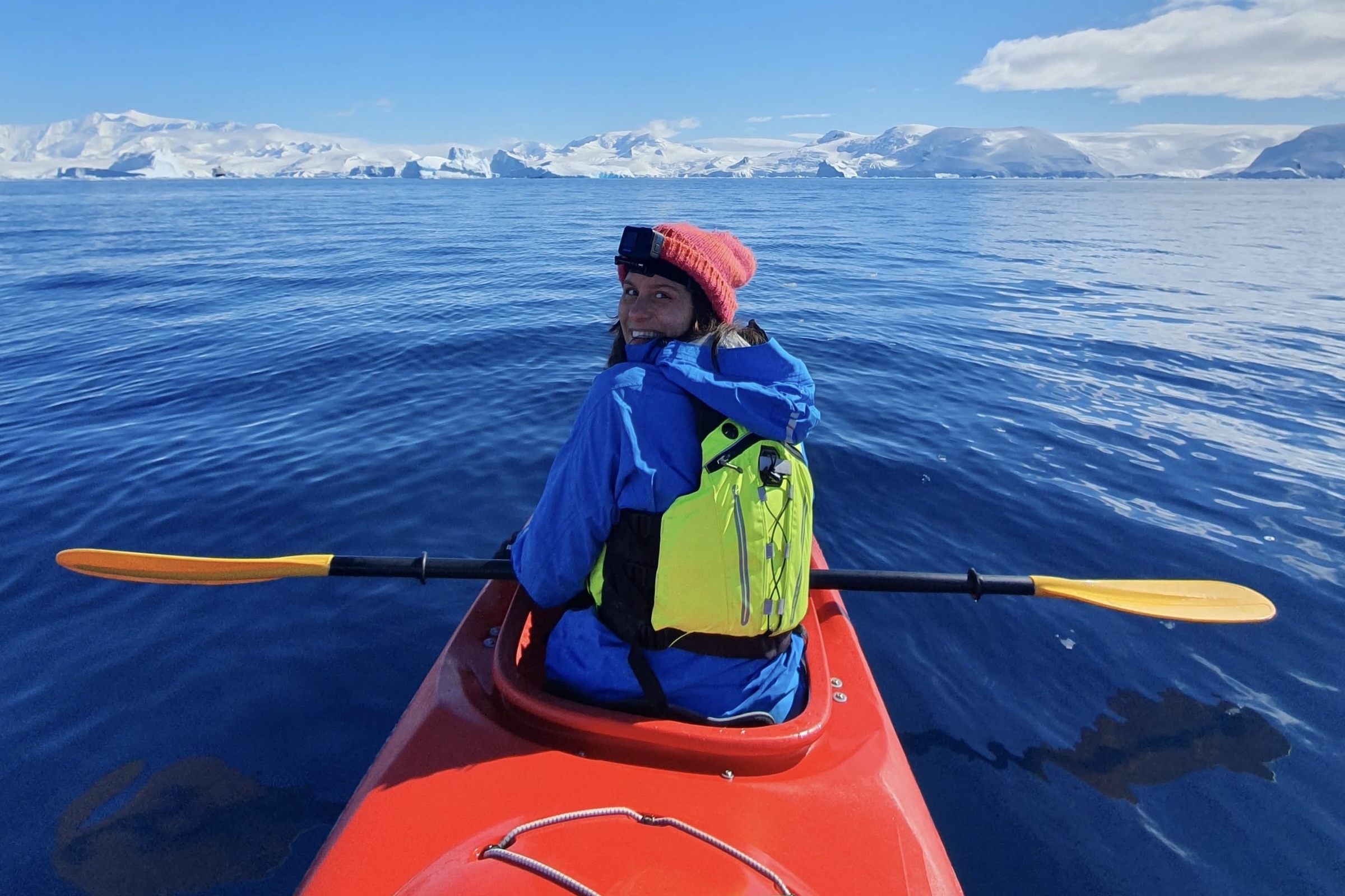 Ruby from Swoop Antarctica kayaking on the Peninsula