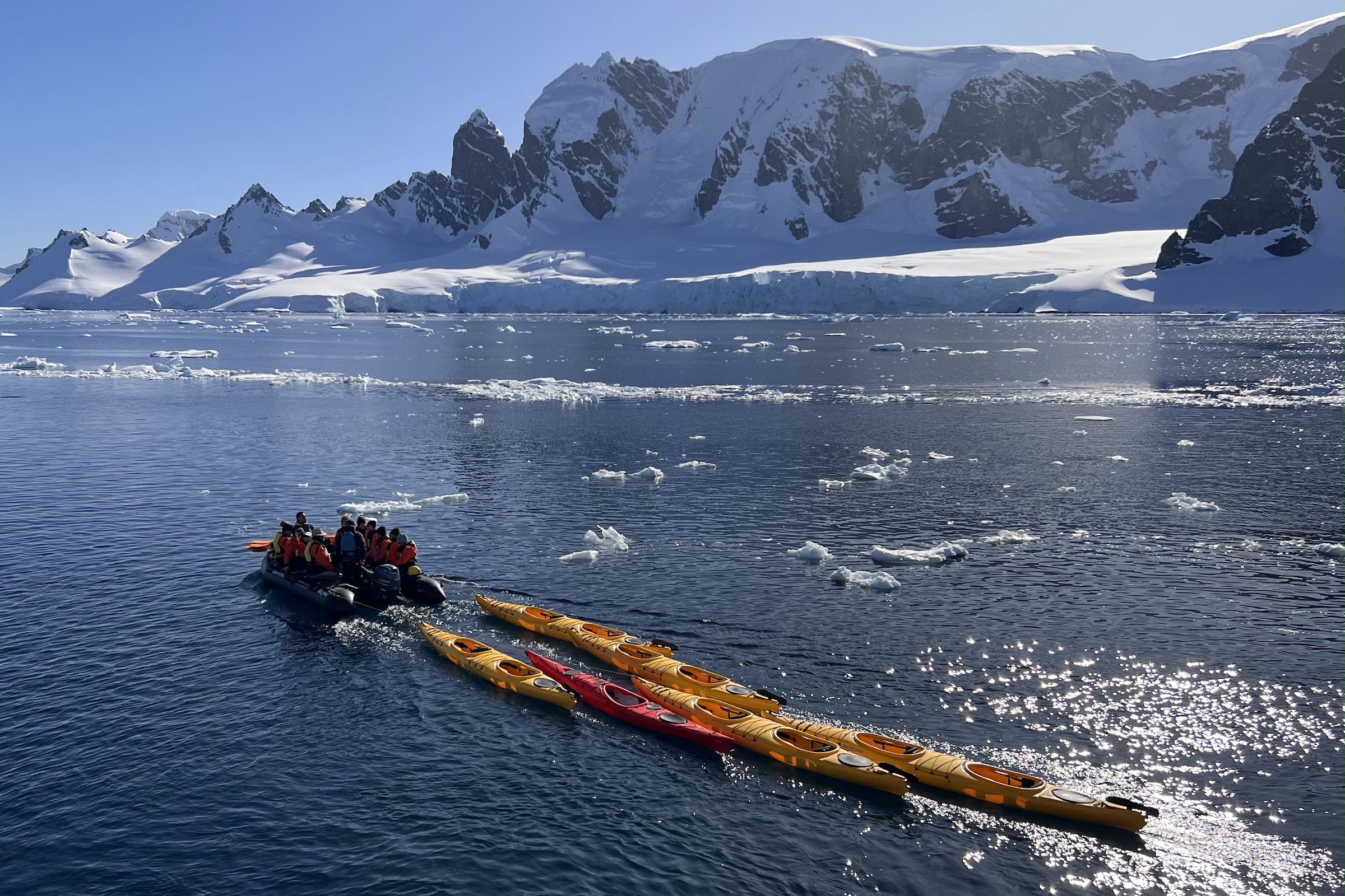 Kayaks being prepared for an excursion from the Ocean Victory at Brown Station on the Antarctica Peninsula
