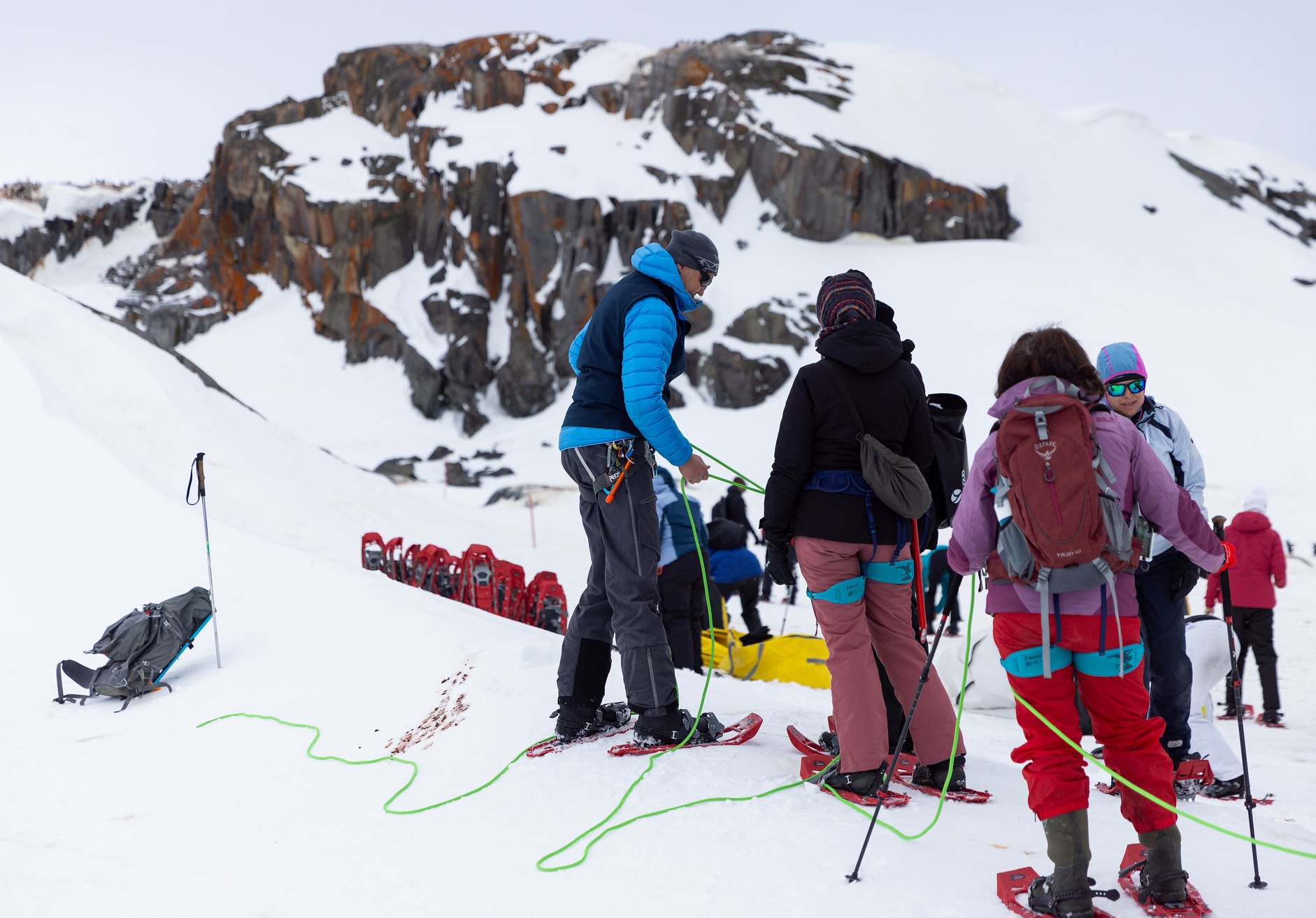 Antarctic travellers prep for snowshoeing 