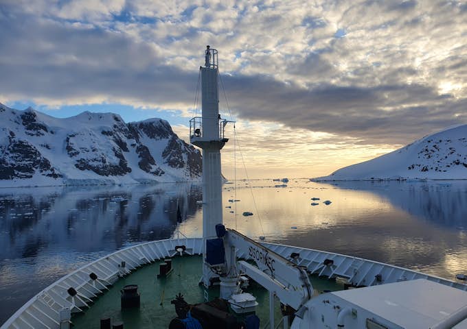 Antarctic scenery and the bow of a ship, taken by Ian Young on recce