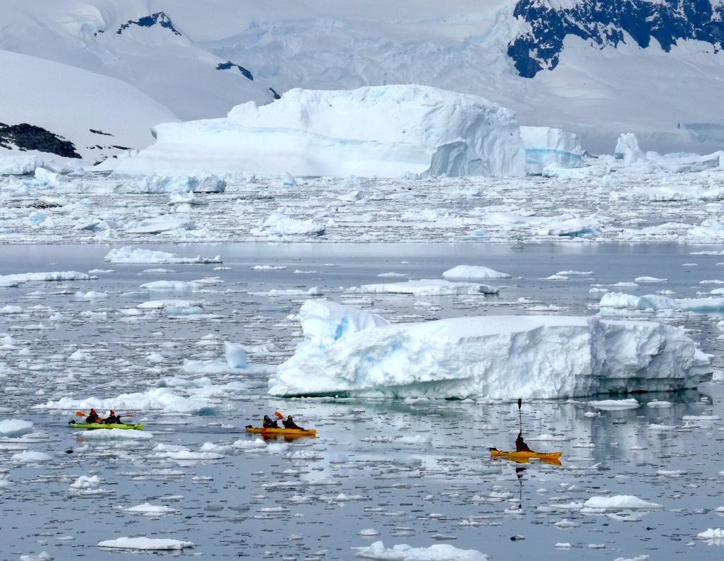 Three kayaks paddle among the ice in Antarctica