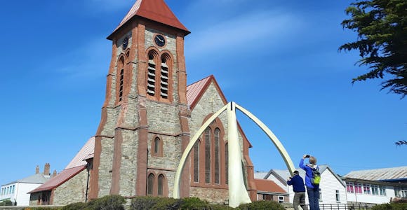 A view of Christchurch Cathedral in Stanley on the Falkland Is;ands, with its arch made of blue whale jawbones