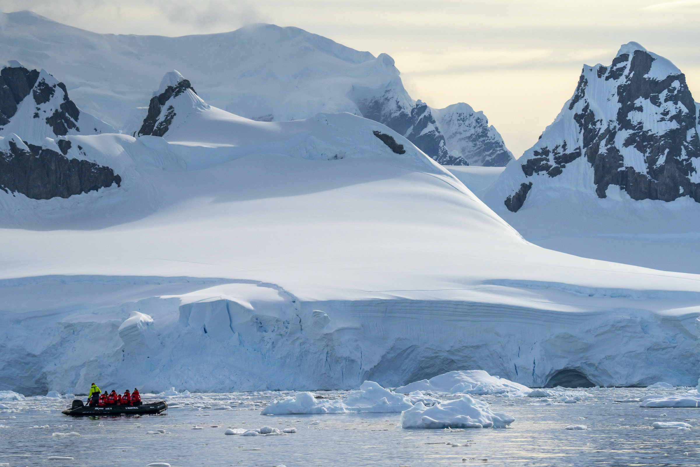 Zodiac cruising at Wilhemina Bay on the Antarctic Peninsula