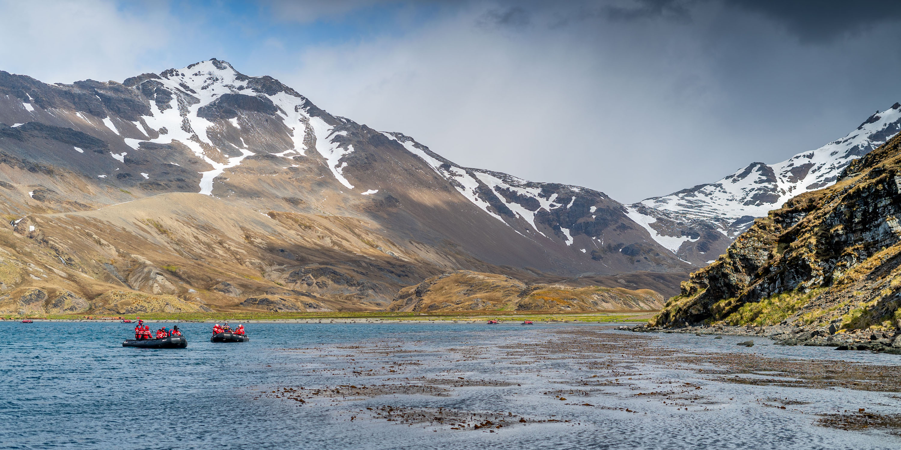 Zodiac cruising at Sromness in South Georgia
