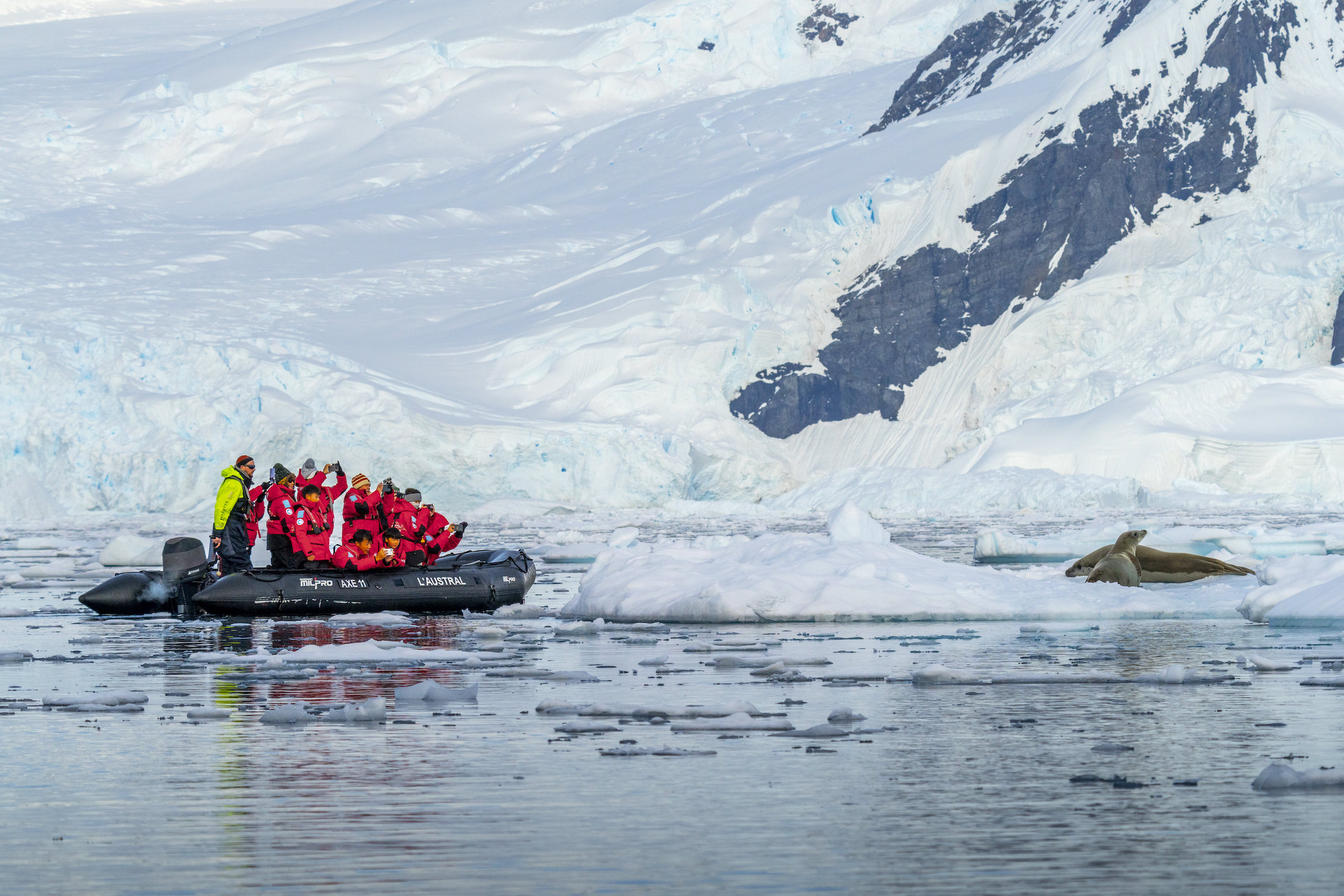 Zodiac cruising past an ice floe with crabeater seals