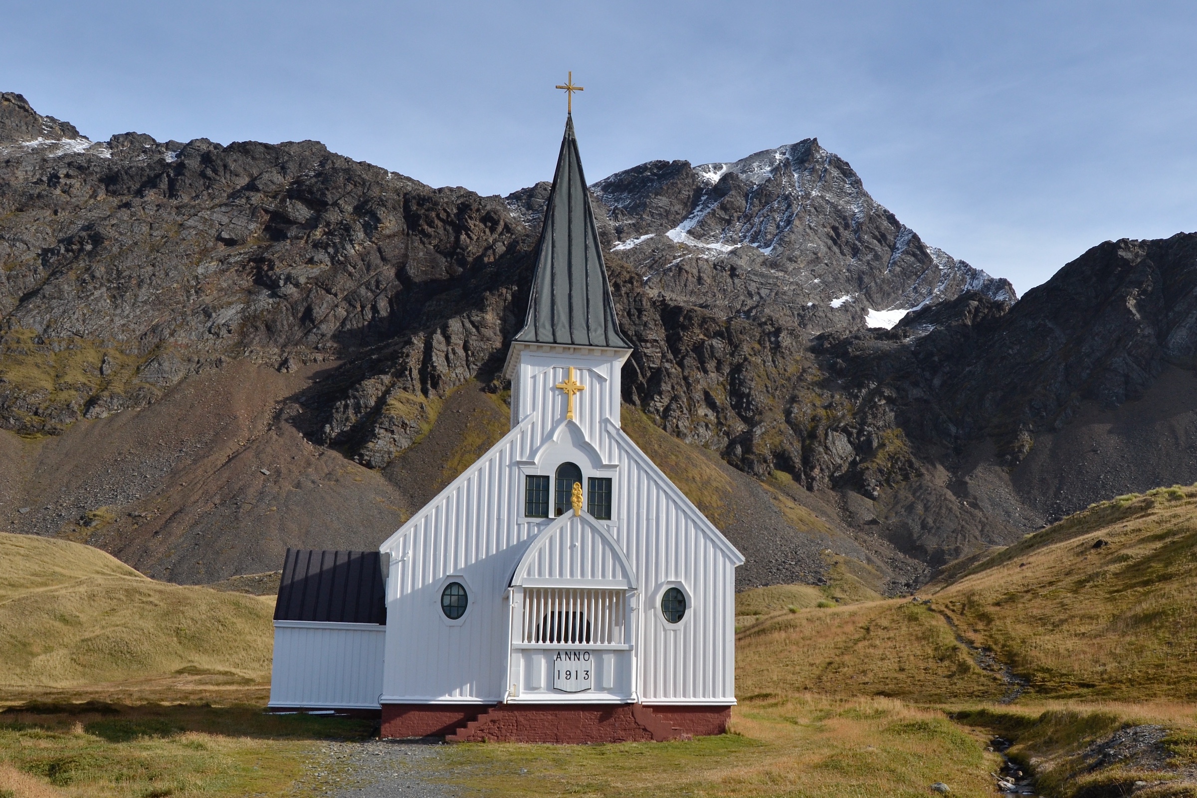The white Lutheran Church with its high pointed roof at Grytviken in South Georgia 
