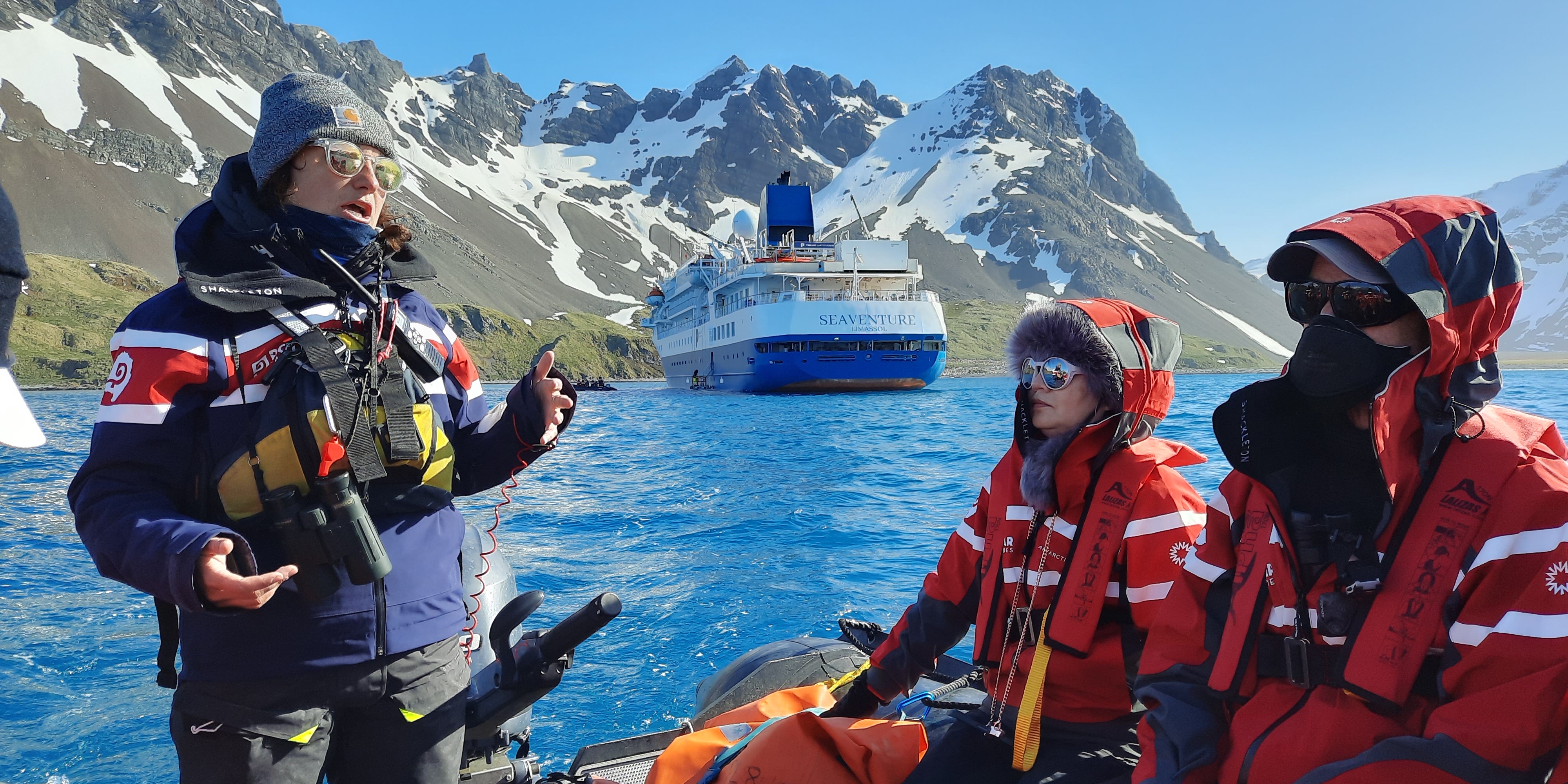 Expedition guide on a zodiac in South Georgia