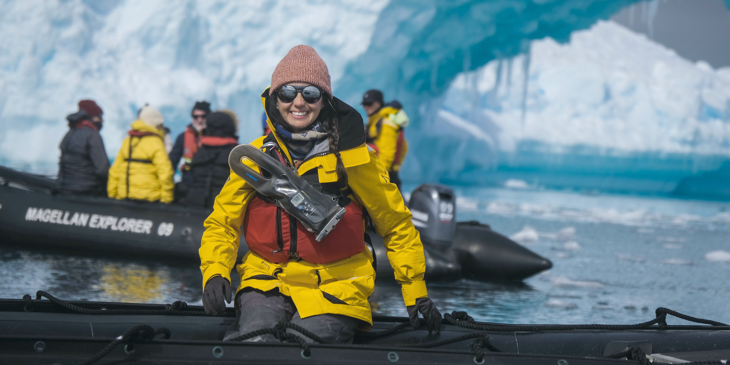 Expedition guide on a zodiac in Antarctica