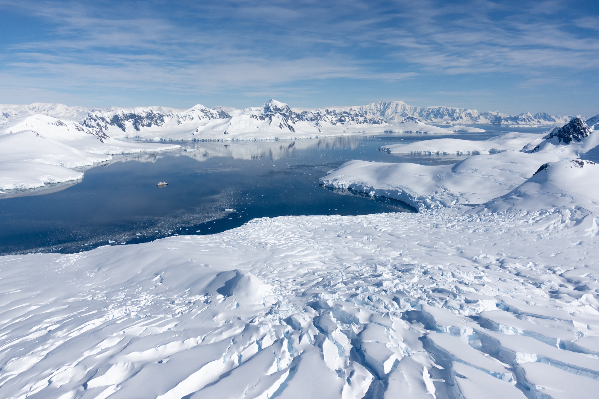 Vast landscape from the air while heli flightseeing in Antarctica