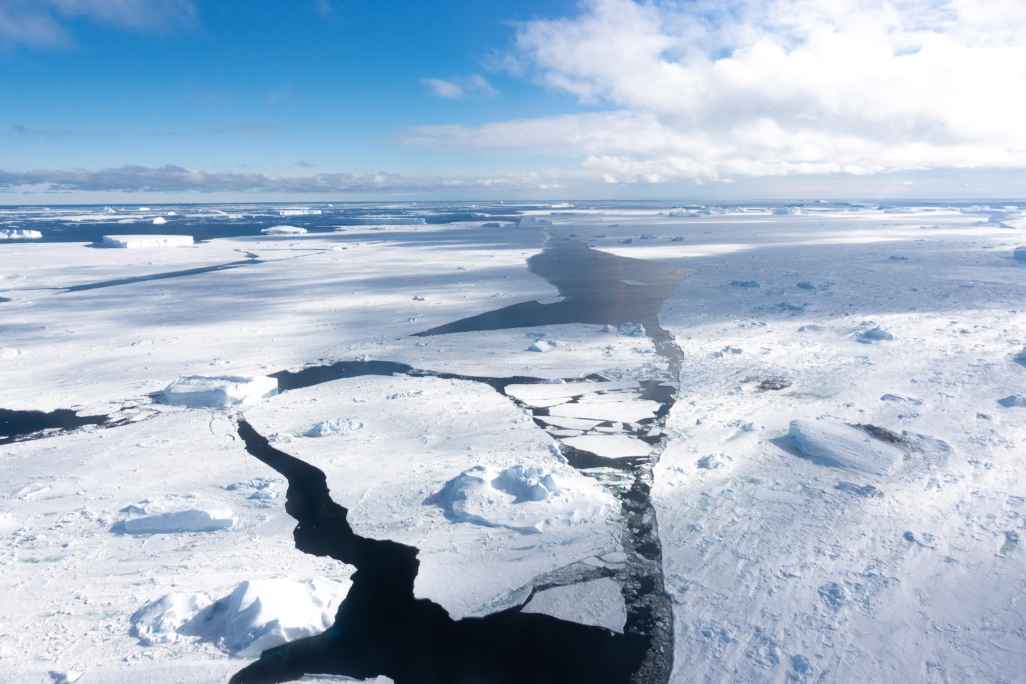 Bird's eye view of the Weddell Sea while helicopter flightseeing in Antarctica