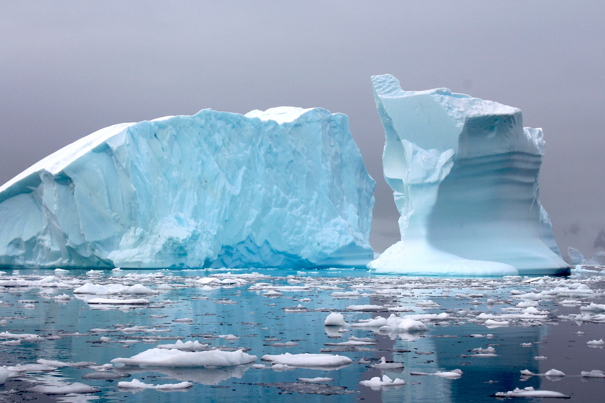 An iceberg in Antarctica surrounded by ice-choked waters