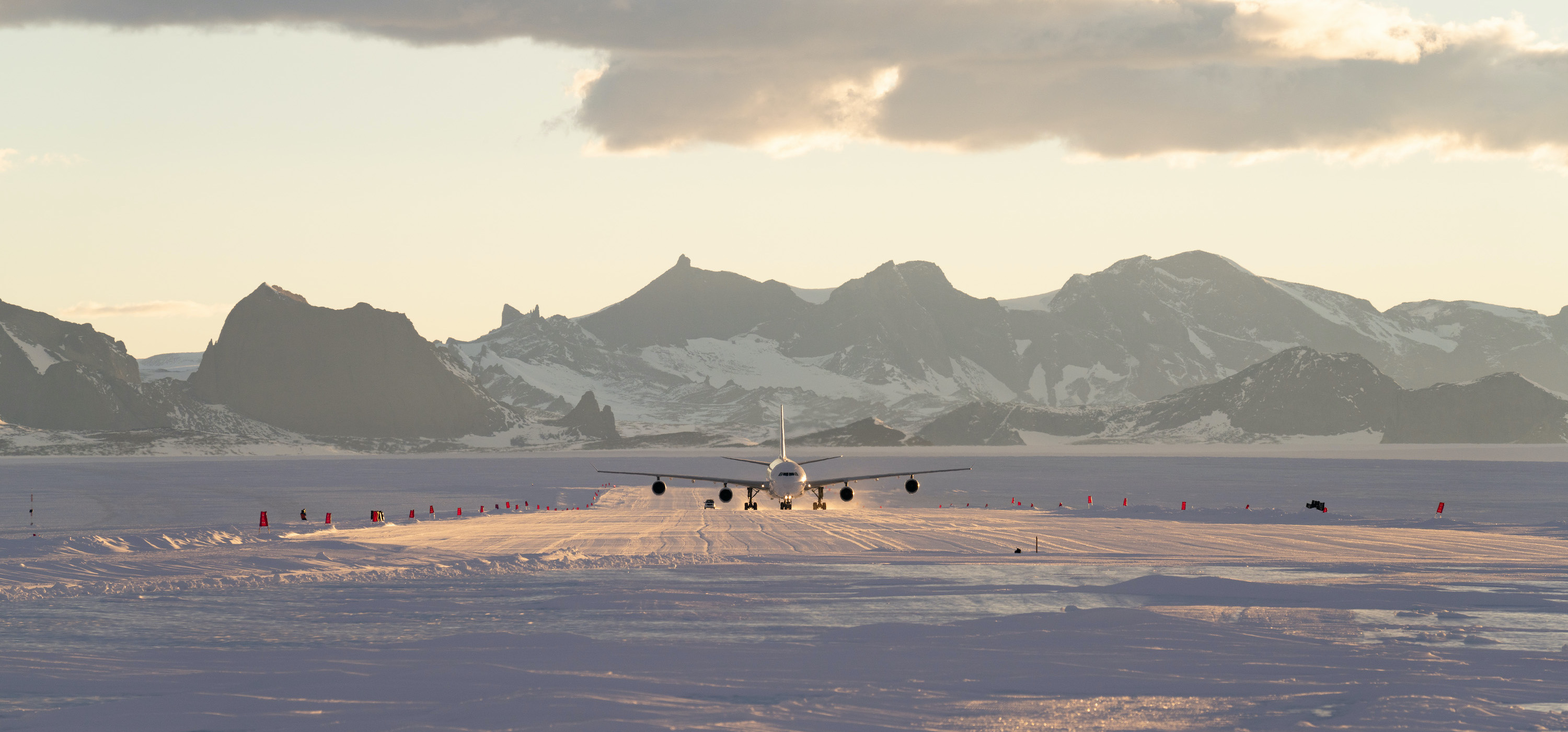Plane landing on a snow runway in Antarctica