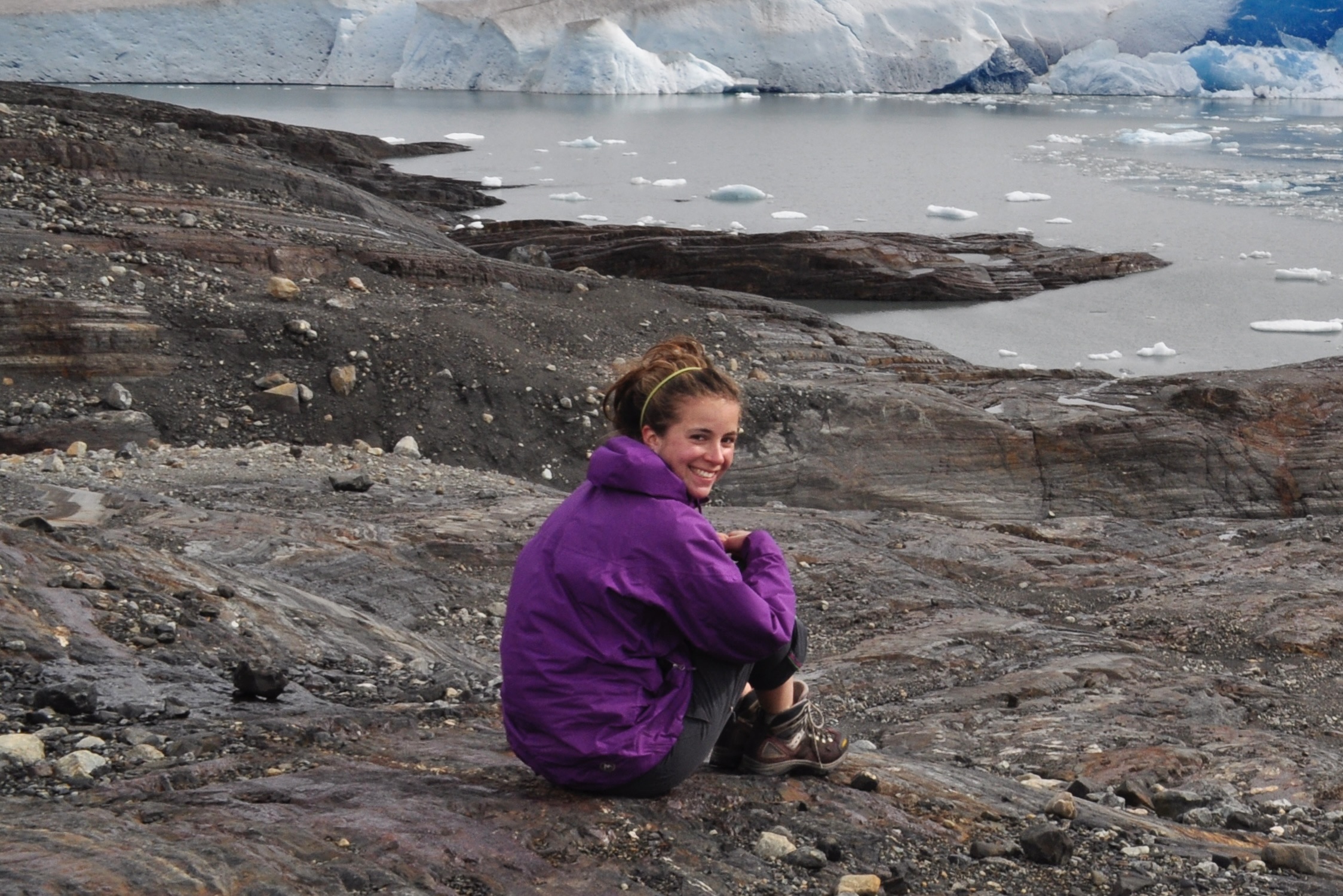 Natalia sitting before Zapata Glacier in Torres del Paine