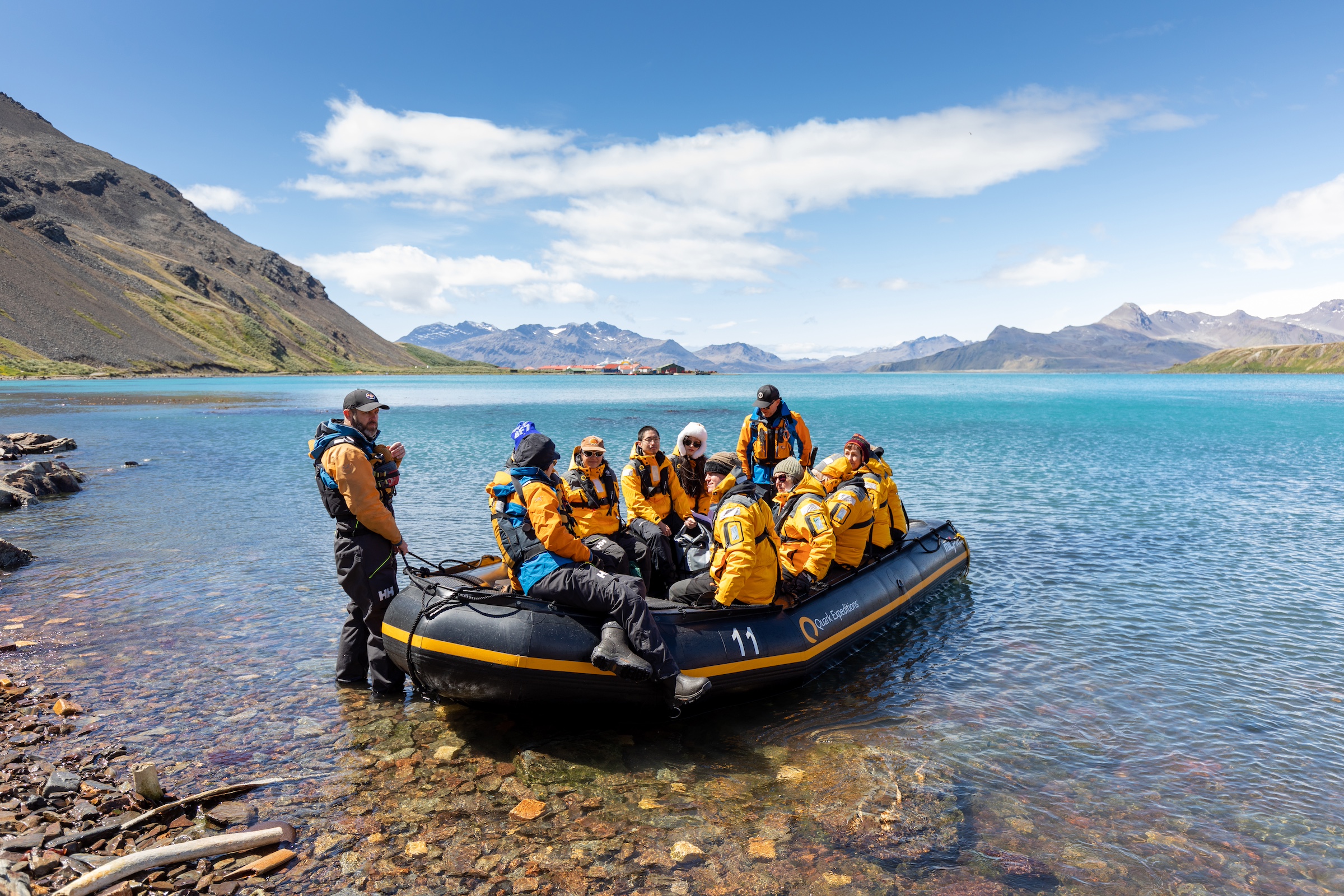 Cruise guests land on South Georgia in a zodiac