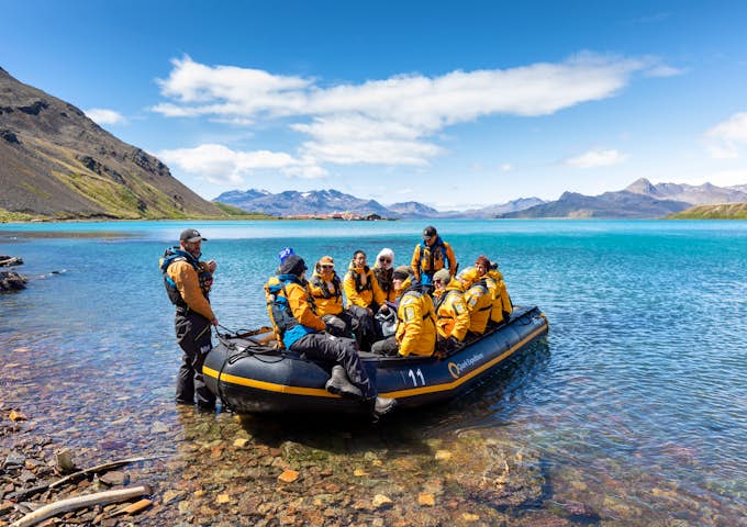 Cruise guests land on South Georgia in a zodiac
